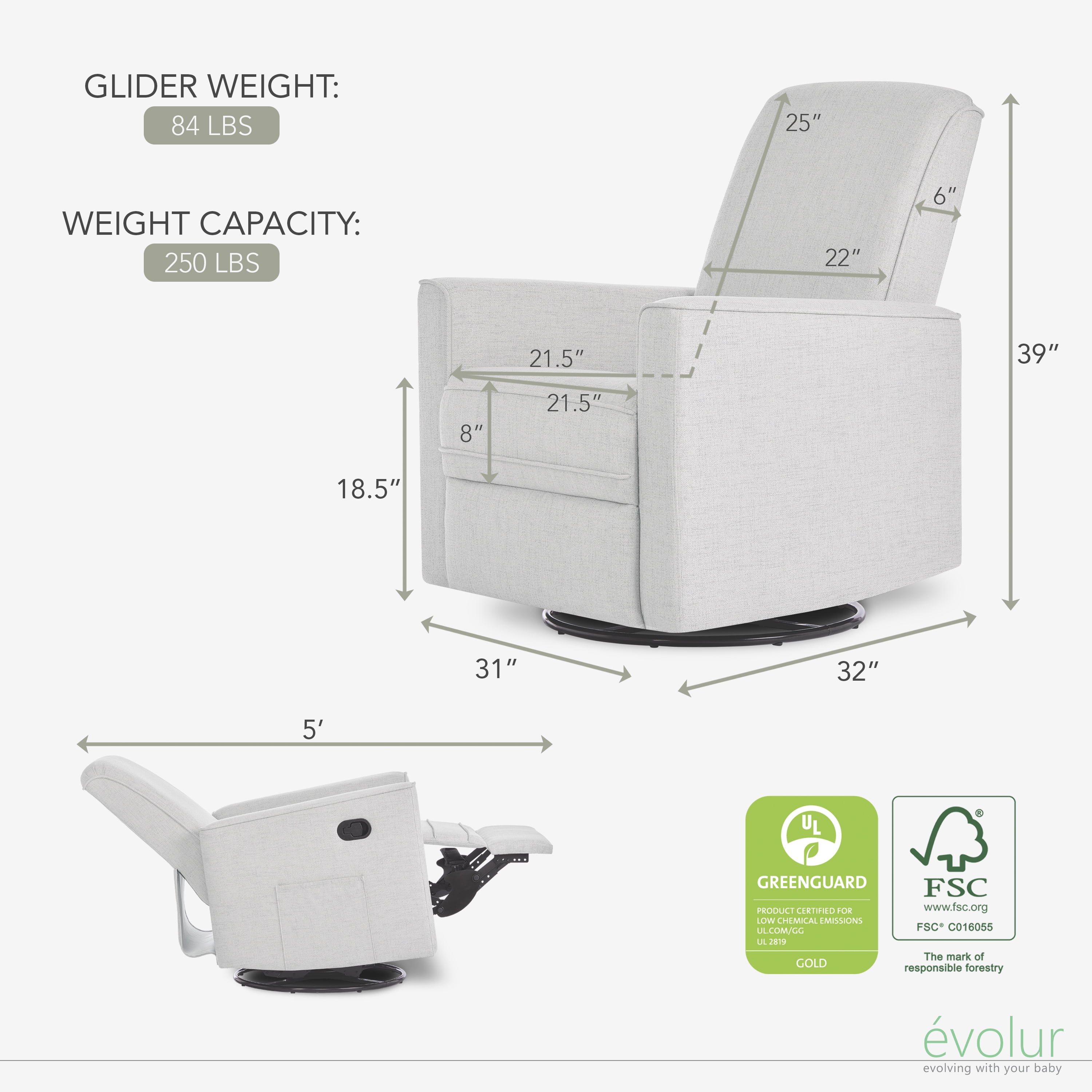 Evolur Raleigh Nursery Glider Recliner and Rocking Chair in Fog, 360° Swivel Motion, Multiple Recline Positions, Easy to Clean, FSC and Greenguard Gold Certified