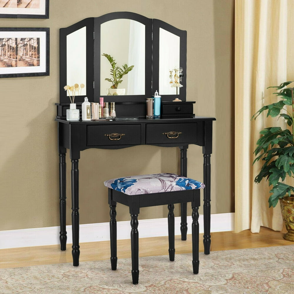 Costway Black Tri Folding Mirror Vanity Makeup Table Stool Set bathroom