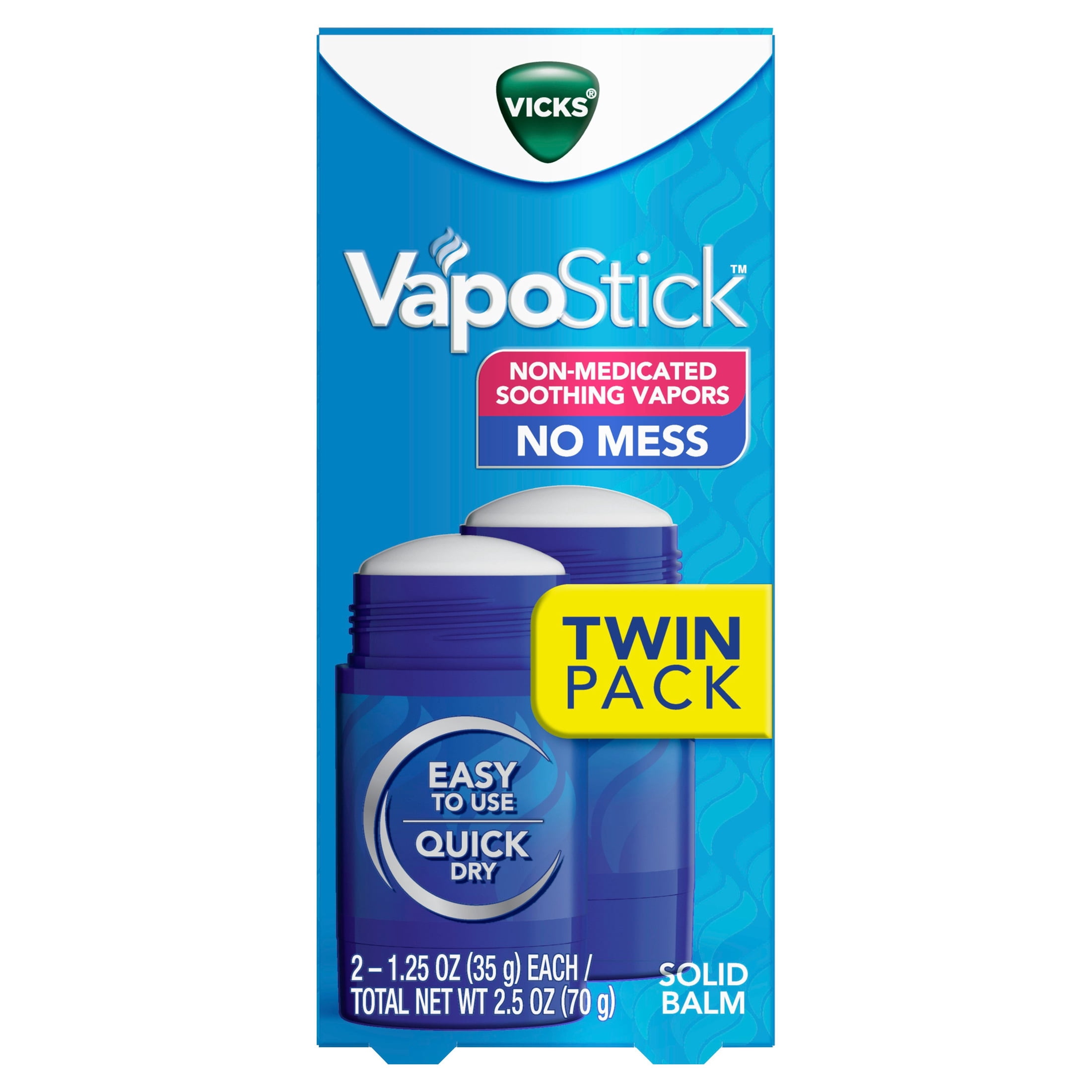 Vicks VapoStick, Invisible Solid Balm with Soothing Vicks Vapors, Non-Medicated, 2 x 1.25 oz