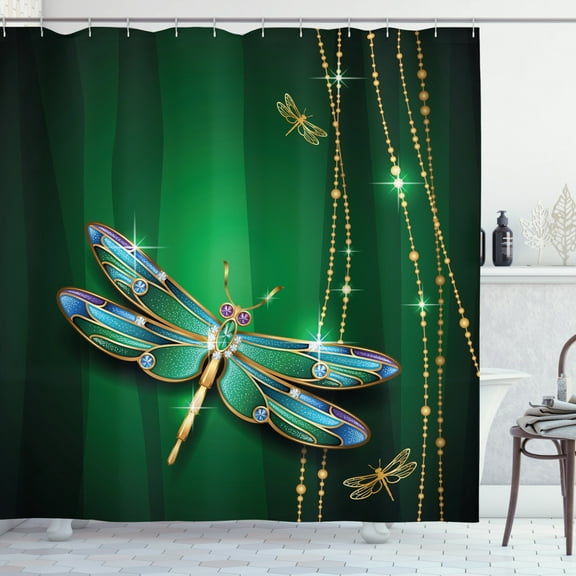 Dragonfly Shower Curtain, Vivid Figures in Gemstone Crystal Diamond Shapes Graphic Artsy Effects, Fabric Bathroom Set with Hooks, 69W X 70L Inches, Emerald Multicolor, by Ambesonne