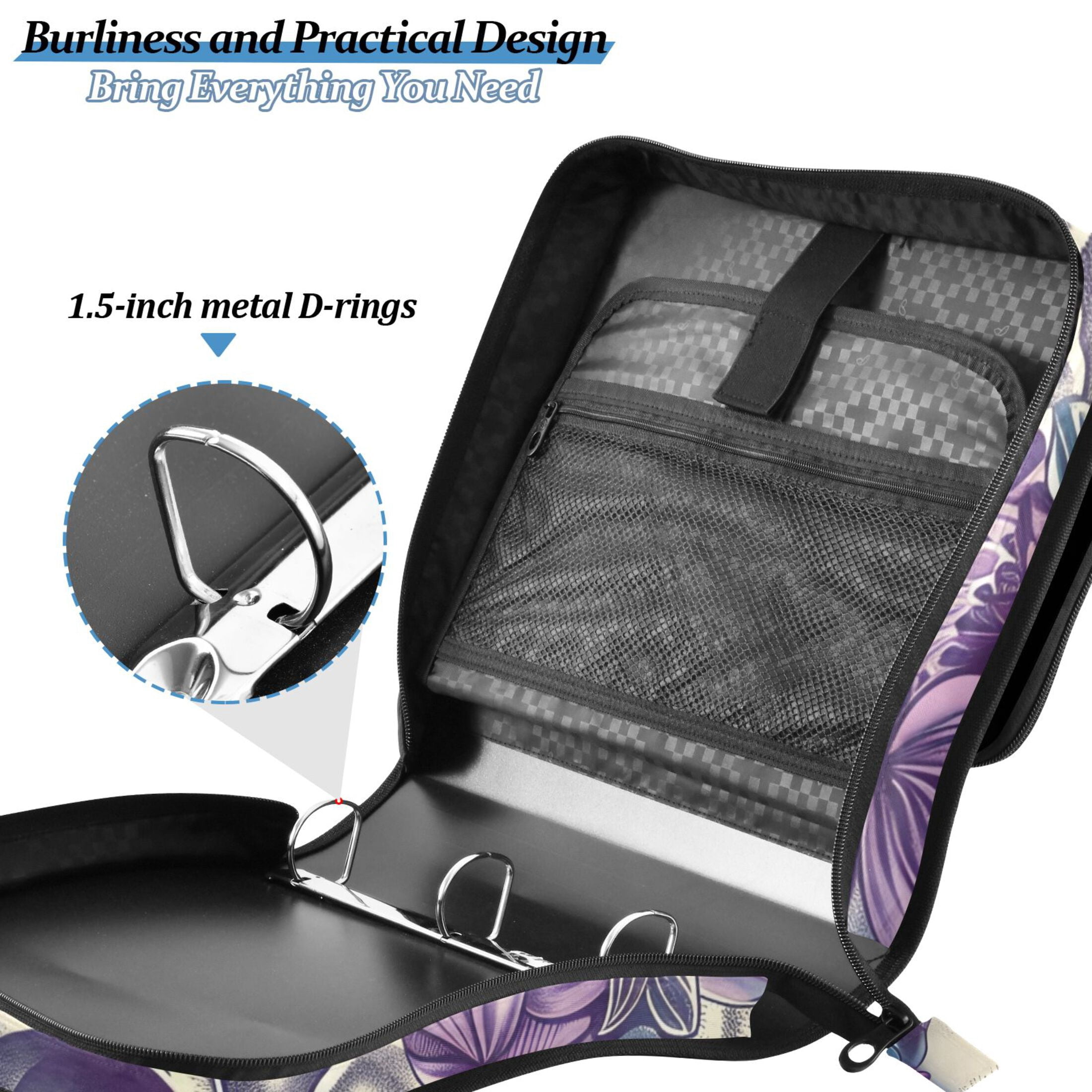 ALAZA Zipper Binder Skull Purple Flowers 3 Ring Trapper Keeper File Folder Organizer Bag