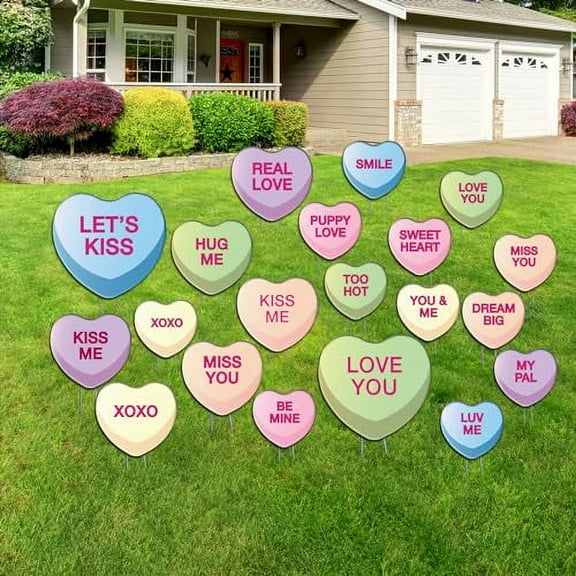 VictoryStore 20pcs Valentines Conversation Hearts Yard Signs with Stakes Sweethearts Candy Sayings Outdoor Lawn Decorations, American Made