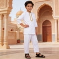 thumbnail image 6 of CUZIBR Boys Teenage Outfits 3/4 Sleeve Crewneck Solid Color Tradition National Embroidery Shirts Tops Blouse And Trousers Relaxed Breathable Robe Suit 2 Piece Clothes Sets Dailywear,White,8-9 Years, 6 of 6