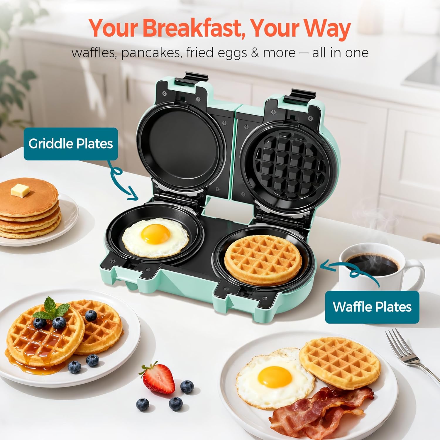 2-in-1 Double Waffle & Pancake Maker -  4" Nonstick Iron with Removable Plates for Small Spaces