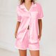 thumbnail image 1 of Pijama informal de poliéster para mujer, blusa lisa de manga corta con cuello vuelto, pantalones cortos a la moda, 1 of 8