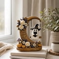 thumbnail image 5 of romoty Halloween Wooden Ghost Swing Decor, Witch Hat Ghost on Moon Swing 5.91 Inch Floral Tabletop Statue Figurine for Fireplace Mantel, 5 of 8