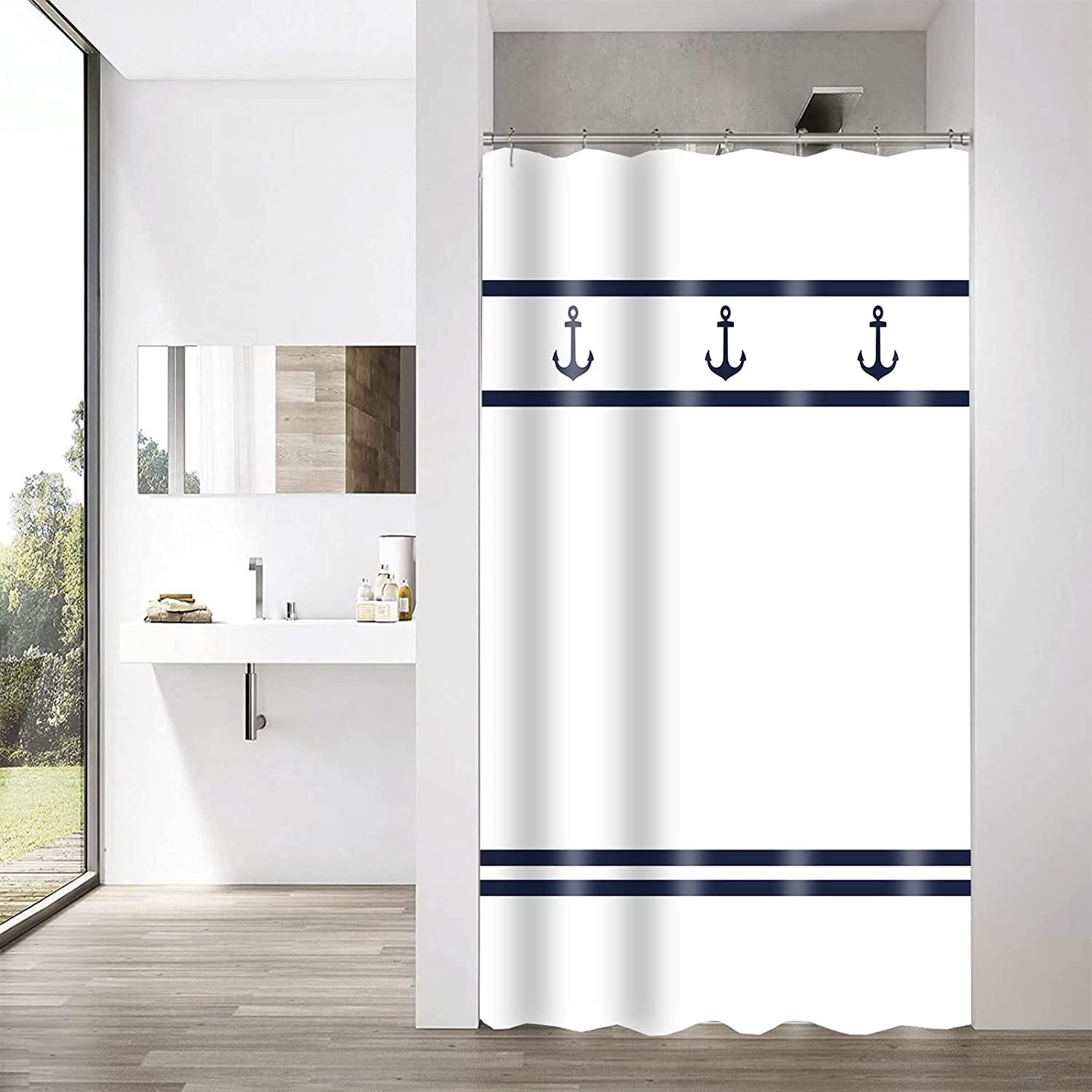 Rustic Nautical Shower Curtain,Lighthouse Sailing Beach Bathroom Shower Curtains,Navy Blue Coastal Bath Curtains Sets with 12 Hooks 72x72in,Waterproof Fabric
