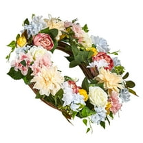 24 Inch Artificial Flower Wreath with Peonies & Hydrangeas - Spring Summer Fall Winter Decor, Pink White Yellow Home Door Hanging
