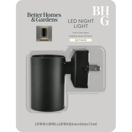 Better Homes & Gardens 2.87" Black LED Night Light, Soft White, Dusk to Dawn, Dual-Lumen Switch Select