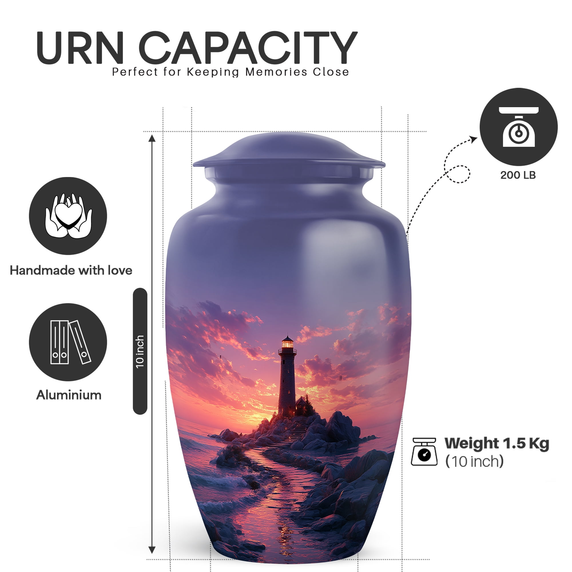 Yatskia Guiding Lighthouse Large Funeral Urns for Human Ashes Adult Man, Small Cremation Urn for Ashes for Women, (Classic 10 Inch and 3 Inch)