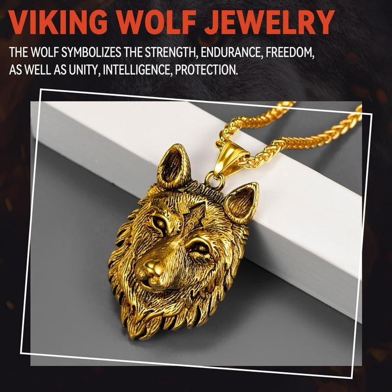 FaithHeart Norse Viking Wolf Pendant Necklace for Men Gold Plated
