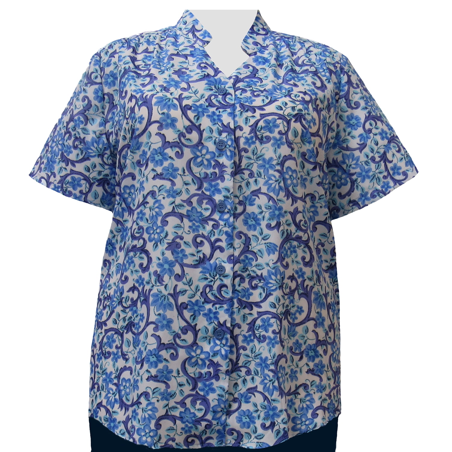 A Personal Touch Womens Plus Size Short Sleeve Mandarin Collar V-Neck Button-Front Blouse With Shirring