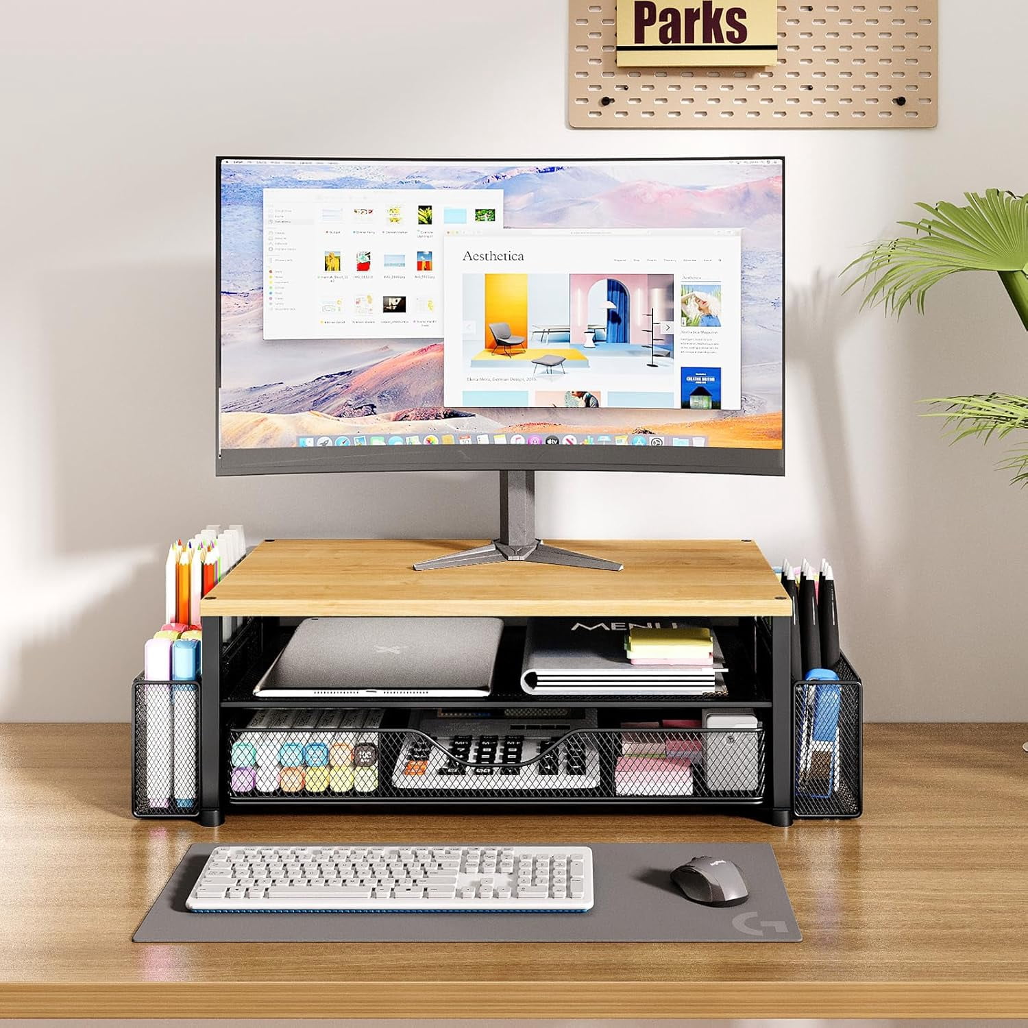 A house of tools Desk Organizers and Accessories, 2-Tier Computer Monitor Stand with Drawer and 2 Pen Holders, Office Desk Accessories Workspace Desktop Organizers for Office Supplies, Oak