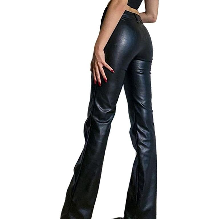 DanceeMangoos Women's Lace Up PU Leather Pants Trendy Y2k High Waist Hollow  Out Drawstring Bandage Cut Out Faux Leather Trousers 