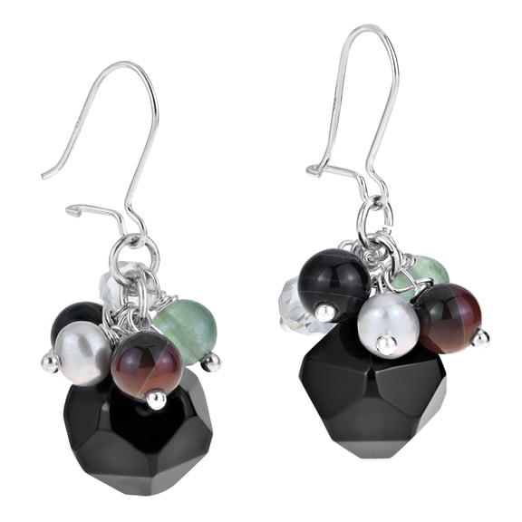 Geometric Faceted Black Onyx Green Agate Cluster Sterling Silver Dangle Earrings