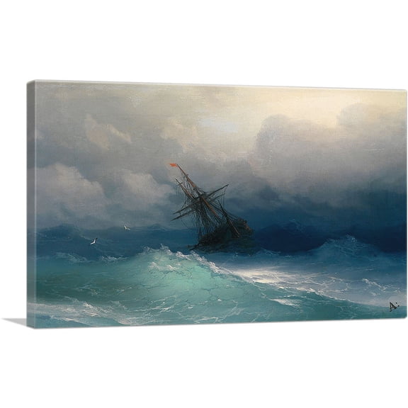 ARTCANVAS Ship in the Stormy Sea 1858 Canvas Art Print by Ivan Aivazovsky - Size: 12" x 8" (0.75" Deep)
