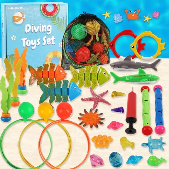 KiddiTouch 31pcs Pool Toys for Adults,Swim Thru Rings Game Diving Toy with Big Dive Ring Storage Bag Underwater Treasures Starfish Fun Water Swimming