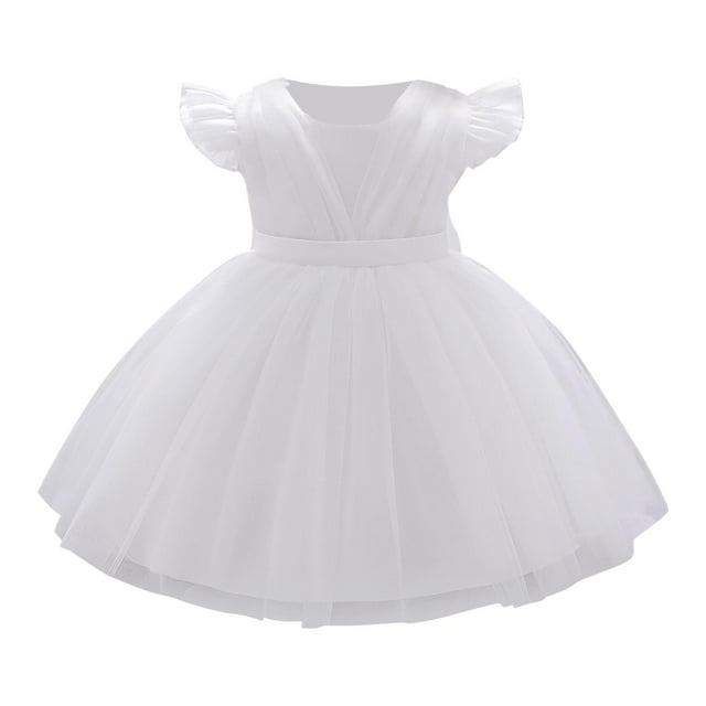 Bwiyojiz Tailles Mode 70-110 Été Jupe pour Bébé d'Un An à Manches Courtes Manches Volantées Robe de Princesse de Performance en Maille avec Nœud Lessive, Blanc