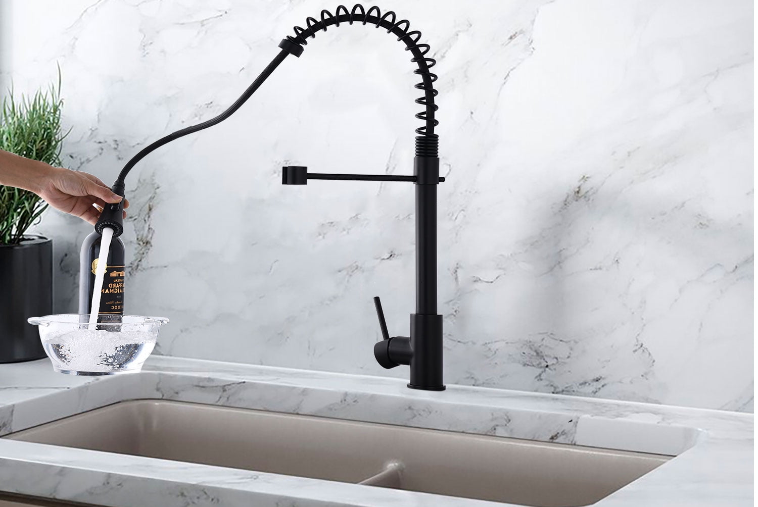 Izzovium Commercial Modern Single Handle Spring High Arc Kitchen Faucet, 23.62" Height, 8" Spout Reach, 1.8GPM Flow Rate, Matte Black Stainless Steel, Pull Down Sprayer