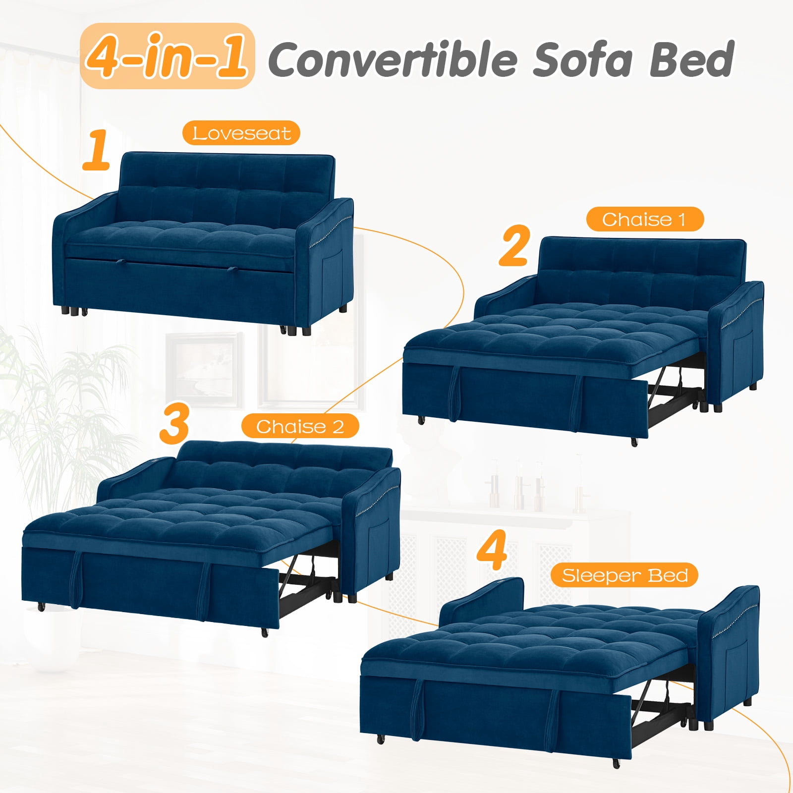 Lunale Loveseat Sleeper with USB/Type-C, Convertible Sleeper Sofa Bed for Living Room/Apt, Blue Velvet
