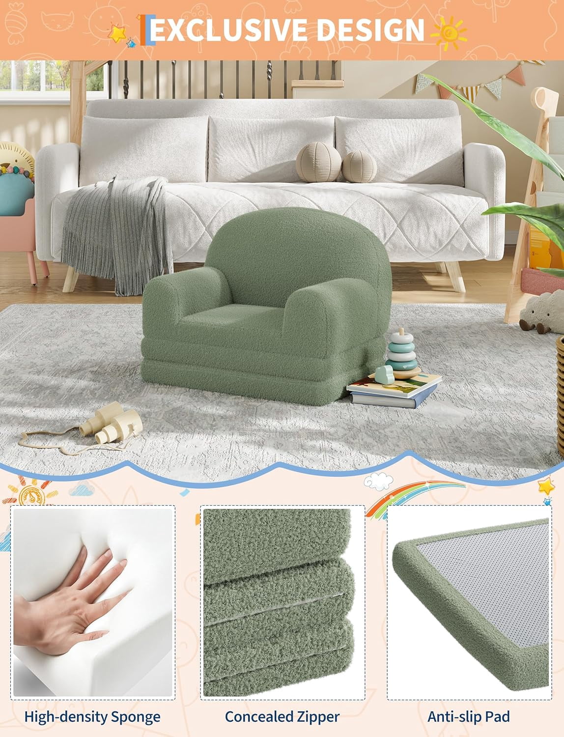 Kids Couch, 2-in-1 Convertible Teddy Fleece Fabric Toddler Sofa Chair, Soft Fold Out Couch Lounger for Kids, Comfy Children's Sofa Bed for Playroom, Nursery, Birthday Gift (Green Moon)