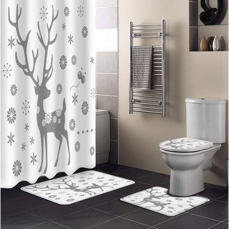 ZHANZZK Christmas 4 Piece Bathroom Set Shower Curtain Bath Rug Contour Mat and Toilet Lid Cover