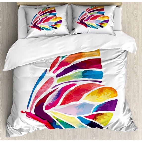 Modern Duvet Cover Set Queen Size, Butterfly with Rainbow Colored Wings Geometric Lines Modern Artwork Image Print, Decorative 3 Piece Bedding Set with 2 Pillow Shams, Multicolor, by Ambesonne