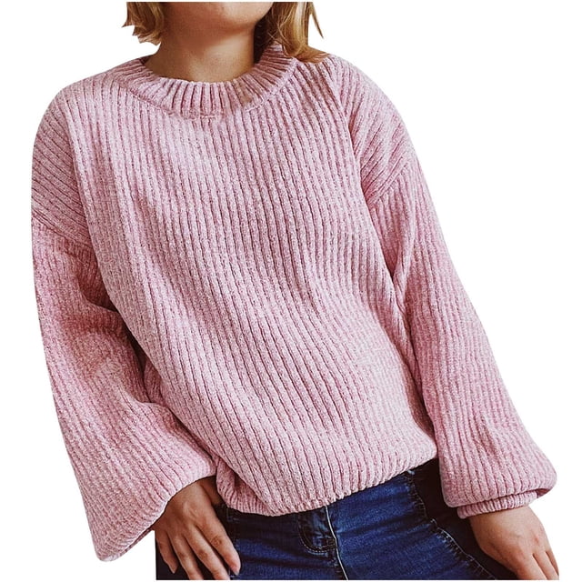 Timegard Chandails à Manches Longues pour Femmes Automne Hiver Décontractés Confortables Col Ras du Cou Manches Longues Bouffantes Hauts de Couleur Unie