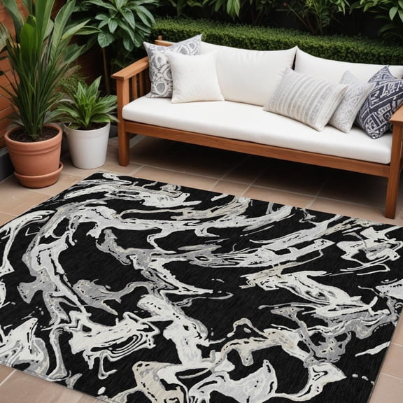 HomeRoots 600069 8 x 10 ft. Black & Gray Abstract Washable Indoor & Outdoor Rectangle Area Rug