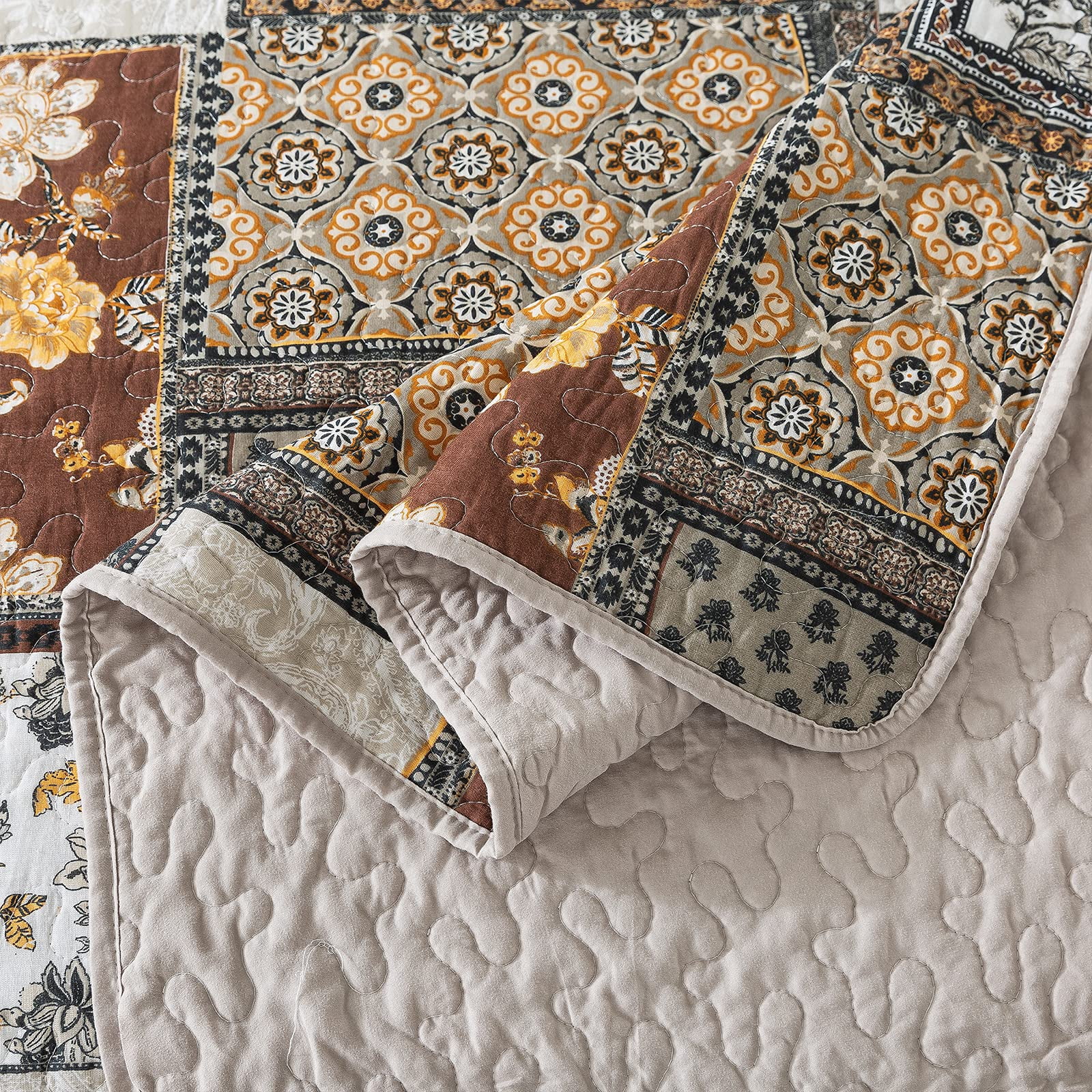 WannaToo Quilt Queen Size Comforter Cotton Bedding Set With Shams, Coffee