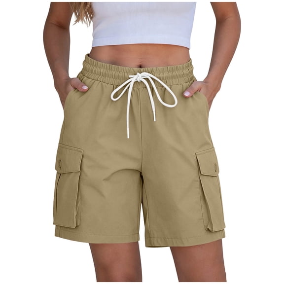 Womens Running Shorts High Waisted New Outdoor Hiking Shorts for Women Elastic Waist Cargo Shorts with Multi Pockets Knee Length Workout Sports Bottoms Khaki M