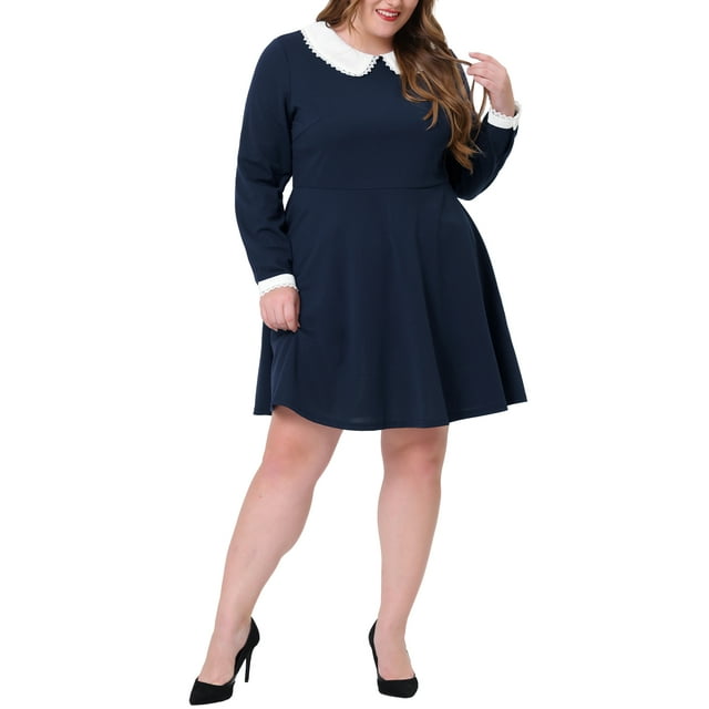 Agnes Orinda Robe pour Femme Grande Taille Col Peter Pan Manches Longues Automne Hiver Midi Ligne A Robes 2X Bleu Marine