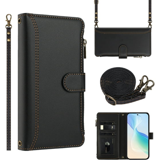 ELEHOLD Flip Wallet Case For Google Pixel 10 /10 Pro, Shrockproof PU Leather Card Slots Magnetic Closure Protective Cover with Lanyard Shoulder Strap,Black
