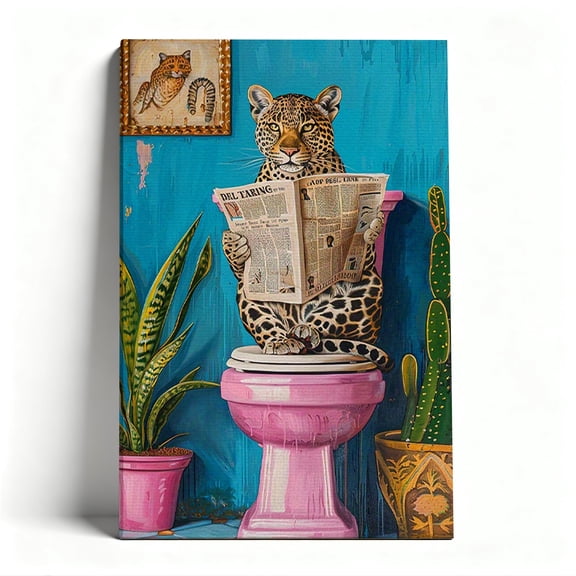 Leopard on Toilet Reading Newspaper Canvas Wall Art, Whimsical Maximalist Bathroom Decor, Bold Jungle Pop Artwork for Powder Room, Ready to Hang