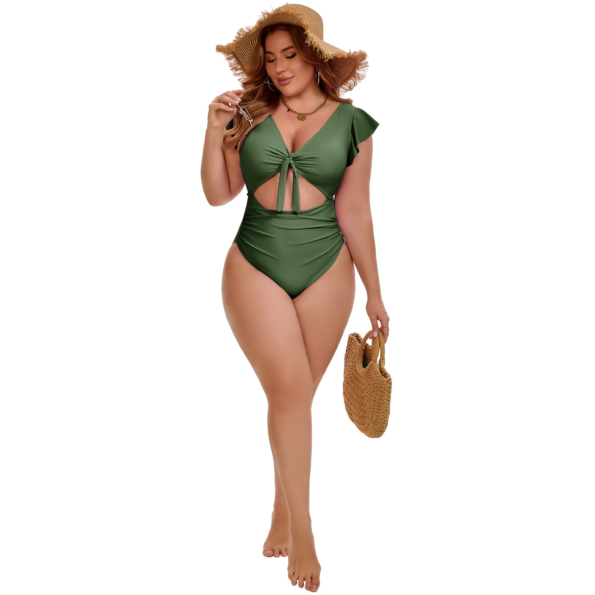 DARING DIVA Women's Plus 1 Piece Bikini Bathing Cut Out Suit L Army Green