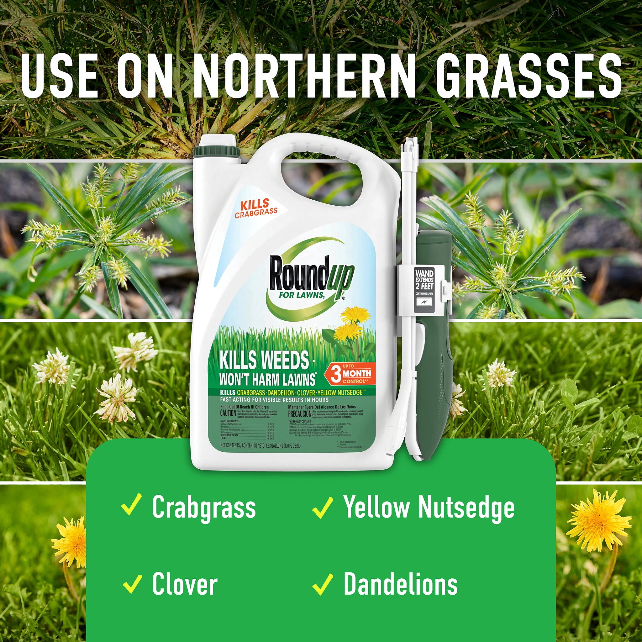 Roundup For Lawns₁ Ready-To-Use with Extend Wand, Tough Weed Killer for Use on Northern Grasses, 1.33 gal.