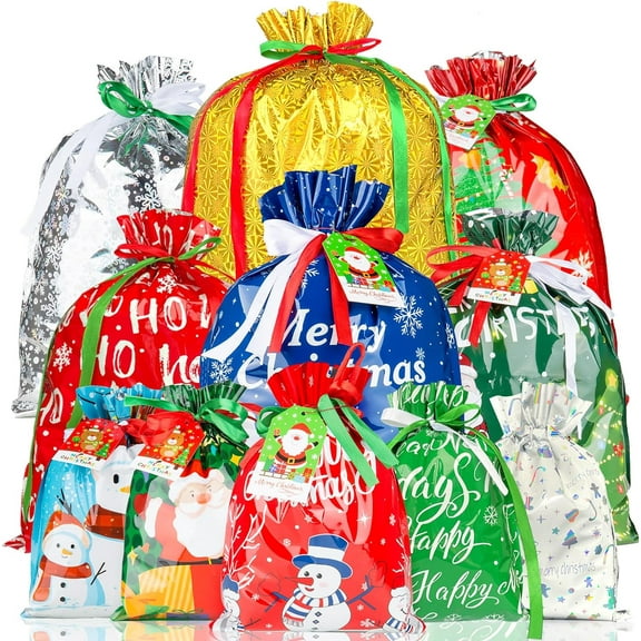 PUMIER 20PCS Christmas Drawstring Gift Bags of Assorted Sizes Small Medium Large Jumbo, Holiday Bags with Colorful Drawstrings for Xmas Party Favors,Christmas Presents