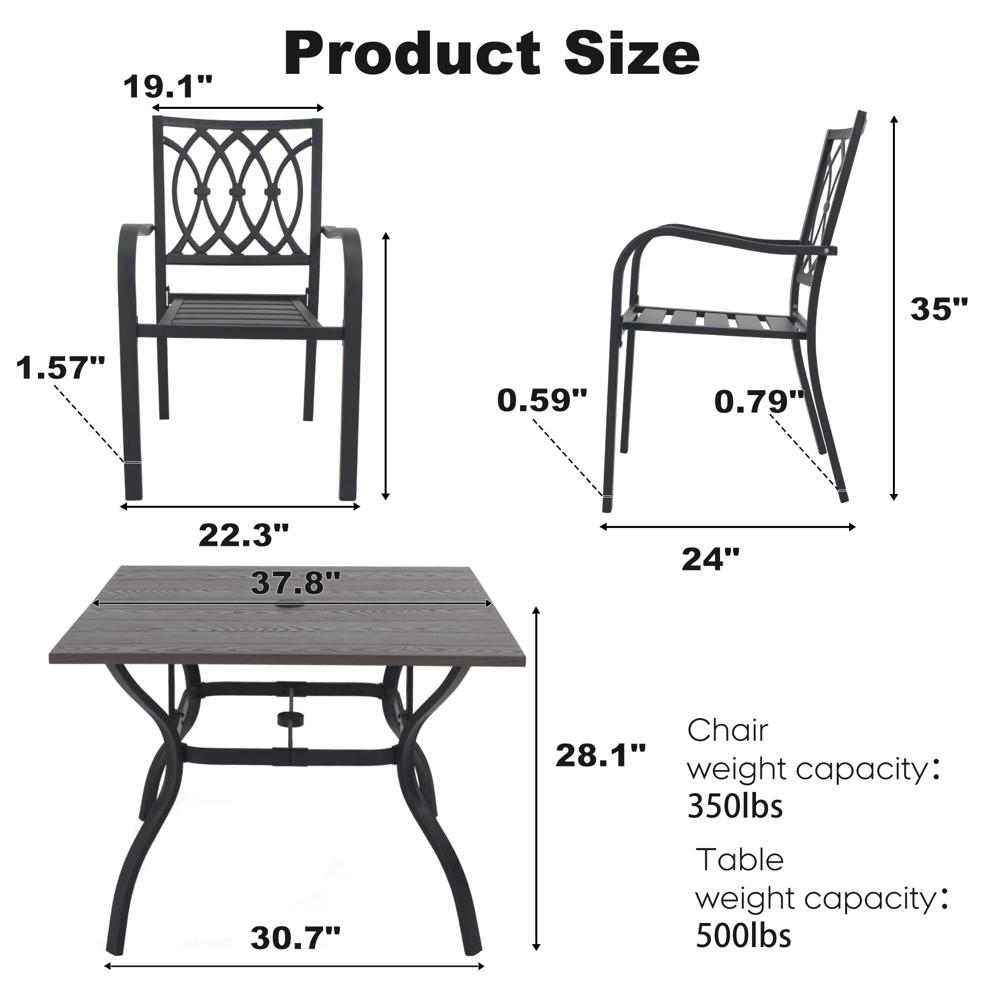 5‑Piece Outdoor Patio Dining Set, 4 Metal Chairs (350 lbs Capacity), 37.8" Square Wood‑Grain Metal Table w/ Umbrella Hole,Rustproof, Ergonomic Slat Design, 30‑Min Quick Assembly, Ideal for Garden