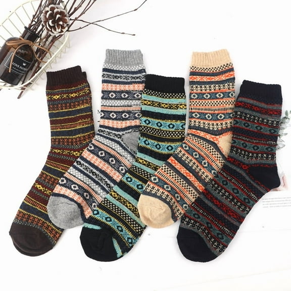 5 Pairs Retro Middle Socks Tube Crew Socks for Men，Christmas Holiday Winter Gifts，Style 1
