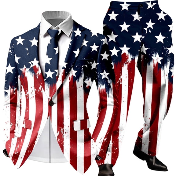 CONZONE Independence Day Mens 2 Peice Suit Set Usa 250Th Anniversary Suits for Men Patriotic Usa Star Striped Long Sleeve Blazer Pants Cozy July 4Th Dress Outfits