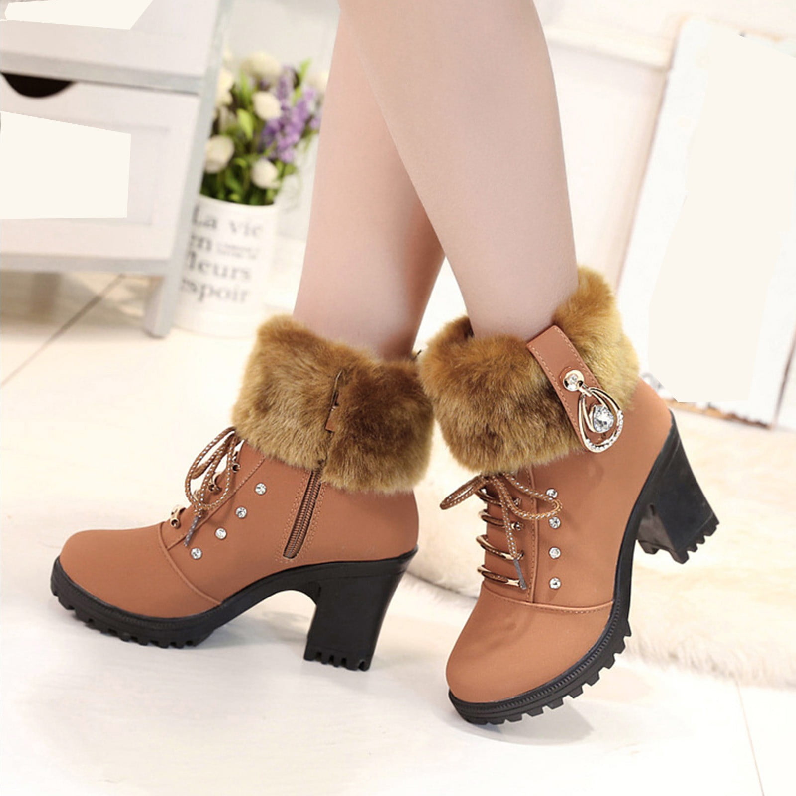 DPTALR Women s Shoes Round Toe Solid Color Lace up Side Zip High Heels Winter Plush Warm Ankle Boots