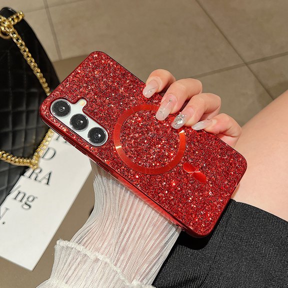 for Samsung Galaxy S24 Magnetic Case, Fashionable Sparkle Glitter Case Compatible with MagSafe Charging, Anti-Scratch Shockproof Phone Cover for Galaxy S24 Plating Bumper Bling Case, Red