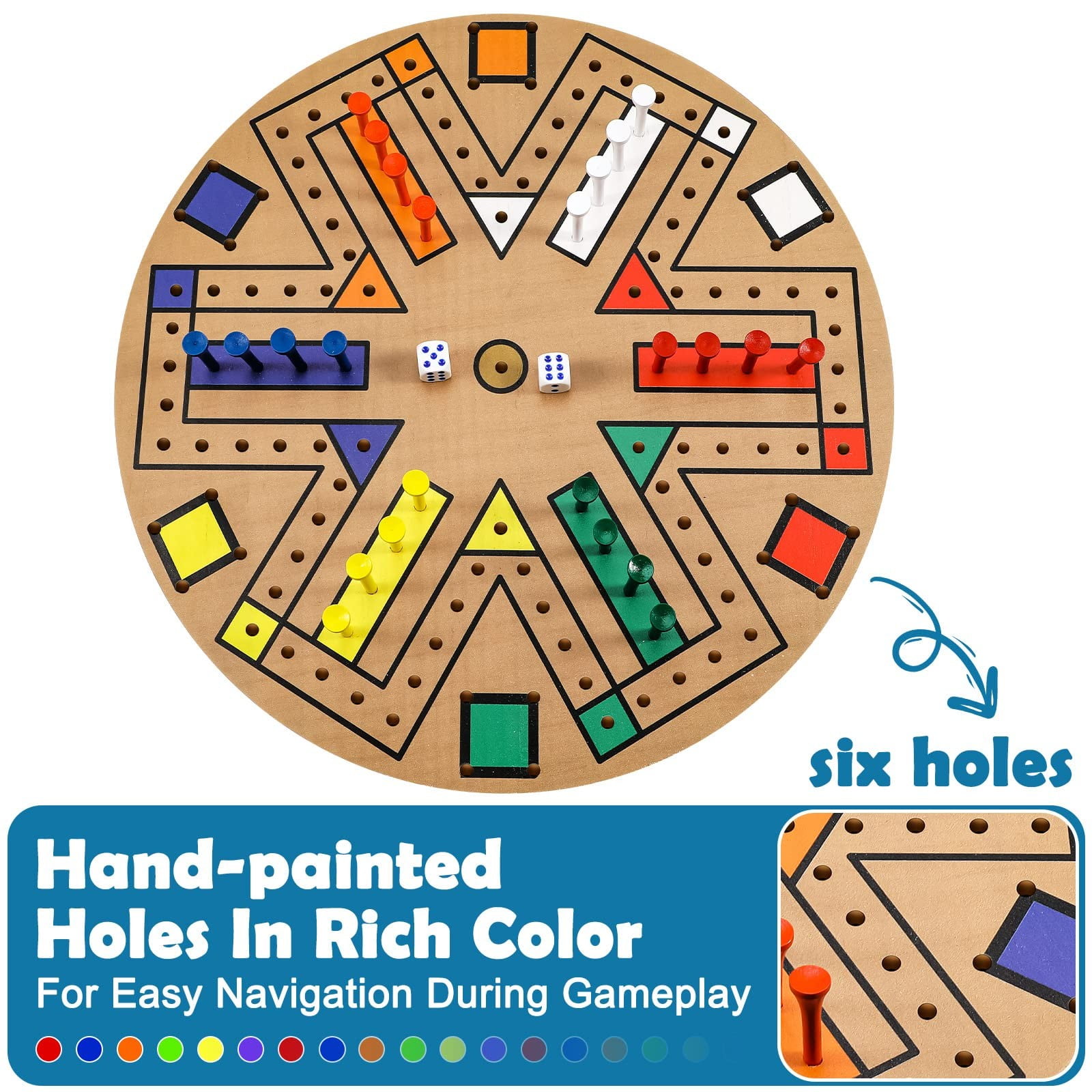Wgmhea Wooden Fast Track Game, Fast Track Board Game for 3-6 Players – Family, 14.2-Inch Board, with 24 Board Game Pieces and 2 Dice, 6 Colors