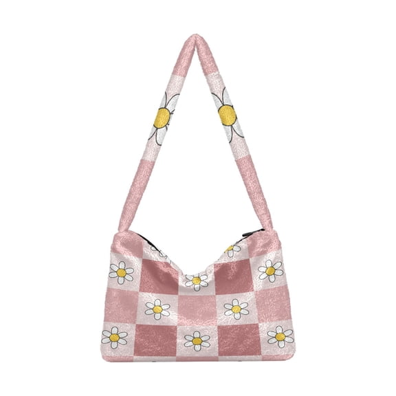 DIXRUYEE Retro Blush Checkered Daisy Print Plush Shoulder Bag Soft Faux Fluffy Hobo Tote Bag With Zipper Closure Casual Lightweight Crossbody Handbag