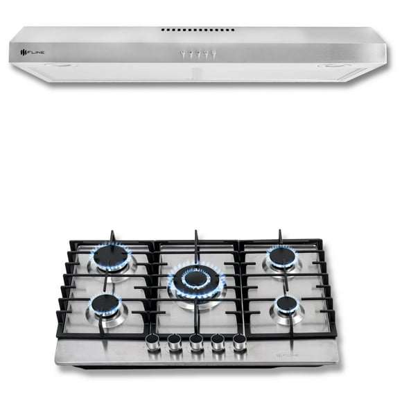 FLINE | Combo parrilla de gas y Campana Acero Inoxidable | 80 cm| acero inxodable| 5 quemadores | Controles boton | MA5TA80