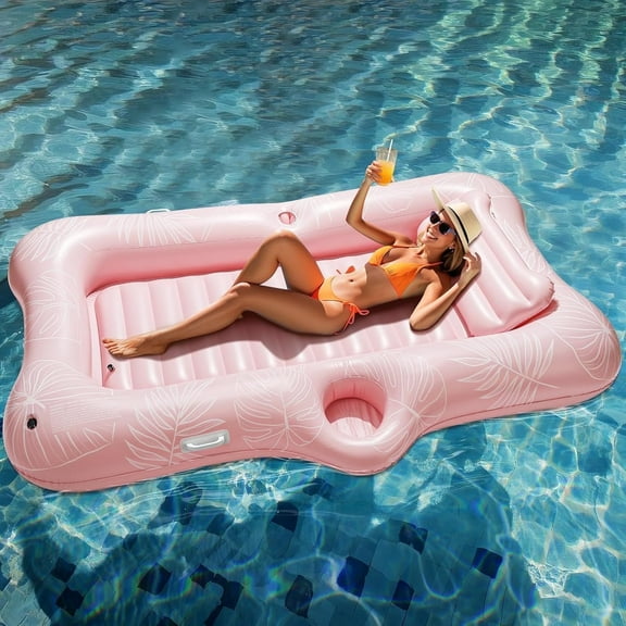 HEY! SPLASH Inflatable Tanning Pool Lounger Float, 72.8 * 49.2" Inflatable Ride-ons Pool Rafts Swimming Pool Float, Summer Beach Party Swimming Floaty Bed Floatie Pool Toys,Pink Leaf