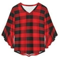 thumbnail image 4 of Buffalo Plaid Red Black Women's V-Neck Blouse With 3/4 Ruffled Bell Sleeves Casual Top Ladies Blouses, 4 of 7