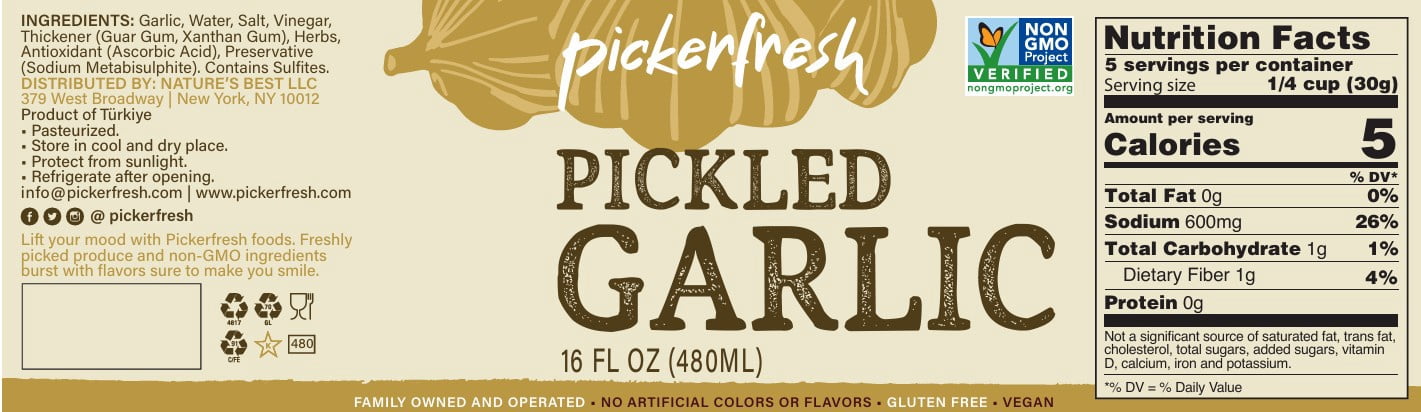 Pickerfresh Pickled Garlic, 16oz Glass Jar, 1 count