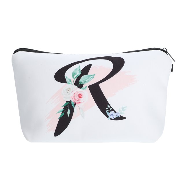 Unique Bargains Personalized Makeup Bag R Letter Purse Small Cosmetic Bag Zipper Monogrammed Makeup Bag Pouch White