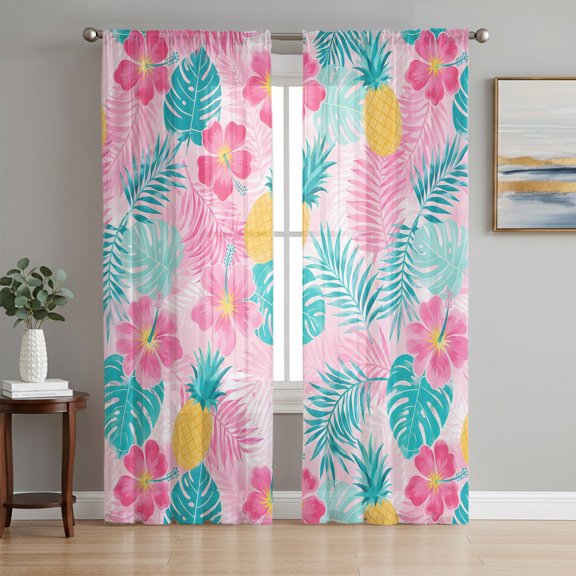 Sheer Curtains 96 Inches Long 2 Panels Set for Living Room, Tropical Leaves Semi Sheer Curtains for Windows, Pink Blue Summer Palm Flowers Pineapple Voile Window Treatments Rod Pocket Curtain
